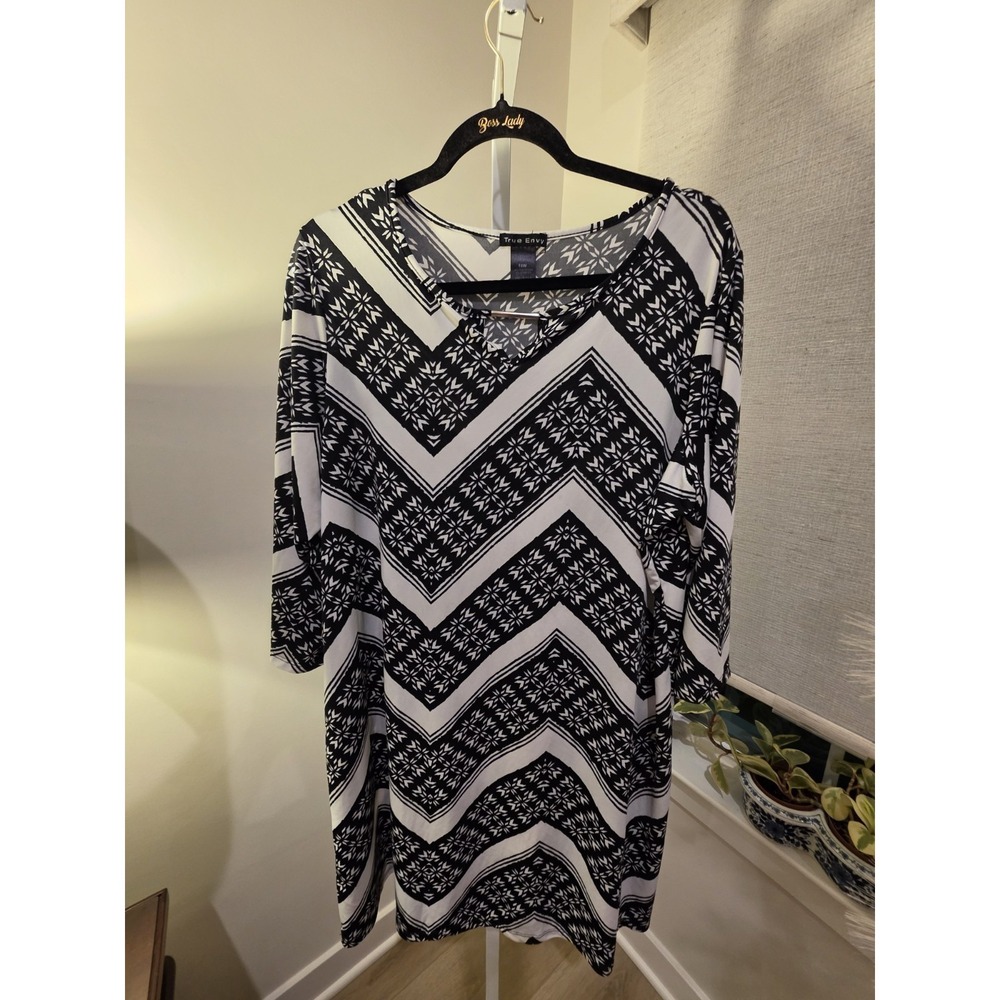 Womens Black White 3/4 Sleeve Chevron Print Stretch Dress 18W Boho Career Casual - Picture 2 of 16